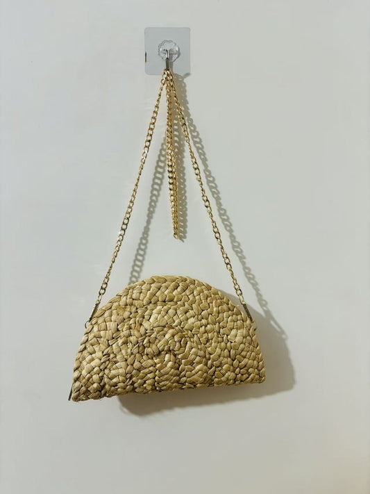 Hollow Natural Straw Mini Crossbody Bag - Handmade straw woven beach tote with custom name patch