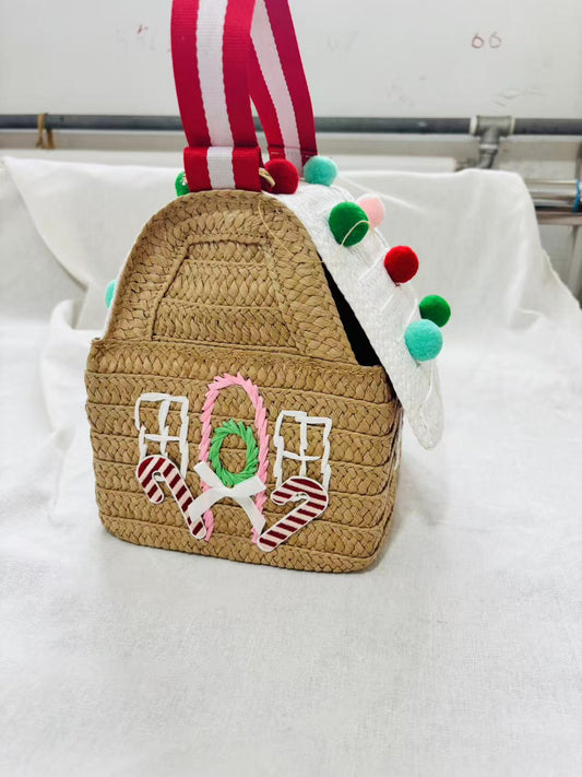 Christmas Gingerbread House Mini Straw Crossbody Bag for Kids - Handmade straw woven beach tote with custom name patch