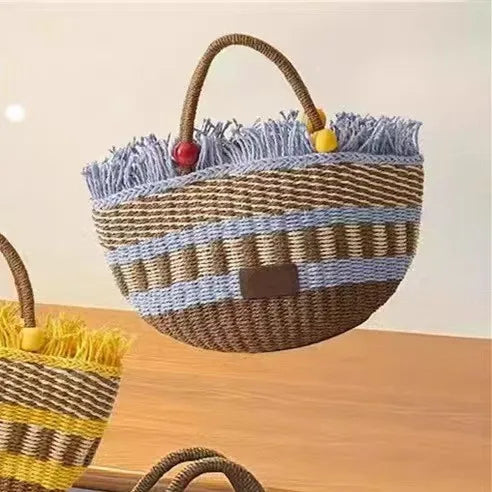 The Linnea | Dual-Texture Woven Tote with Curated Leather Trim - Artisanal Handmade Woven Bag for Coastal Chic Style