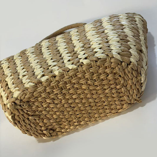 Natural Corn Husk Woven Square Tote Bag - Handmade straw woven beach tote with custom name patch