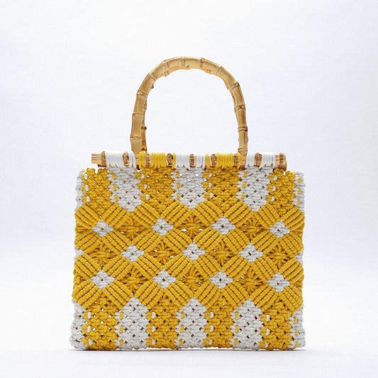 Handmade Striped Color Block Cotton Crochet Tote Bag | Boho Summer Beach Shoulder Bag - Artisanal Handmade Woven Bag for Coastal Chic Style