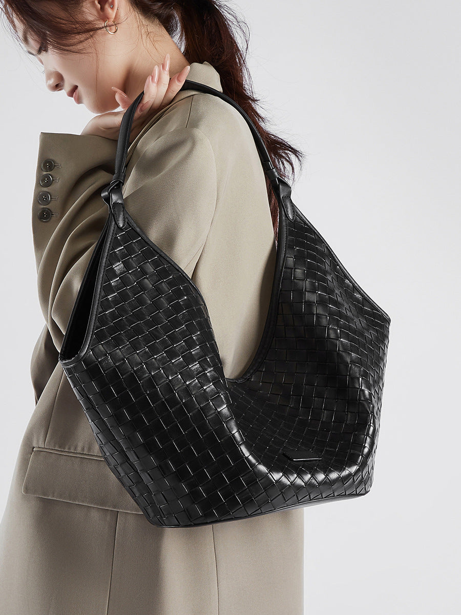 Woven Genuine Leather Work Tote Bag | Large Capacity Women's Commuter Bag for School & Office