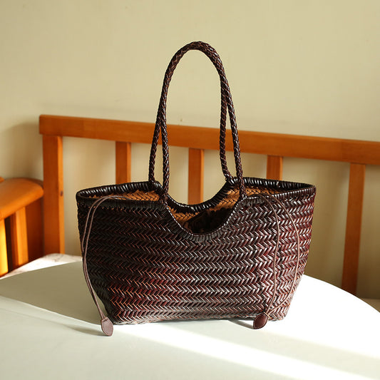 Handwoven Genuine Leather Drawstring Bucket Bag | Soft Sheepskin Crossbody Shoulder Bag for Commute - Handmade straw woven beach tote with custom name patch