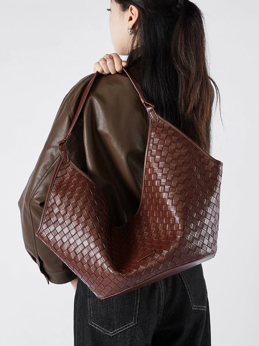 Woven Genuine Leather Work Tote Bag | Large Capacity Women's Commuter Bag for School & Office