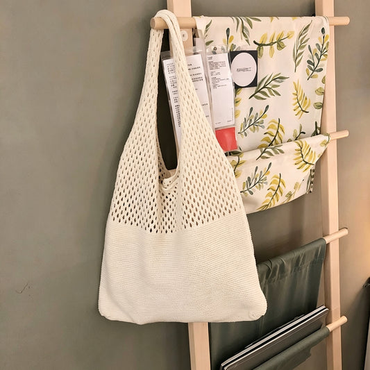 Handmade Hollow Knit Cotton Tote Bag | Cute Flower Heart Bow Pattern Summer Shoulder Bag for Beach & Daily - Artisanal Handmade Woven Bag for Coastal Chic Style